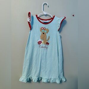Jellybean Striped Blue Dress with Dog Embroidery and Monogramed “Emily”